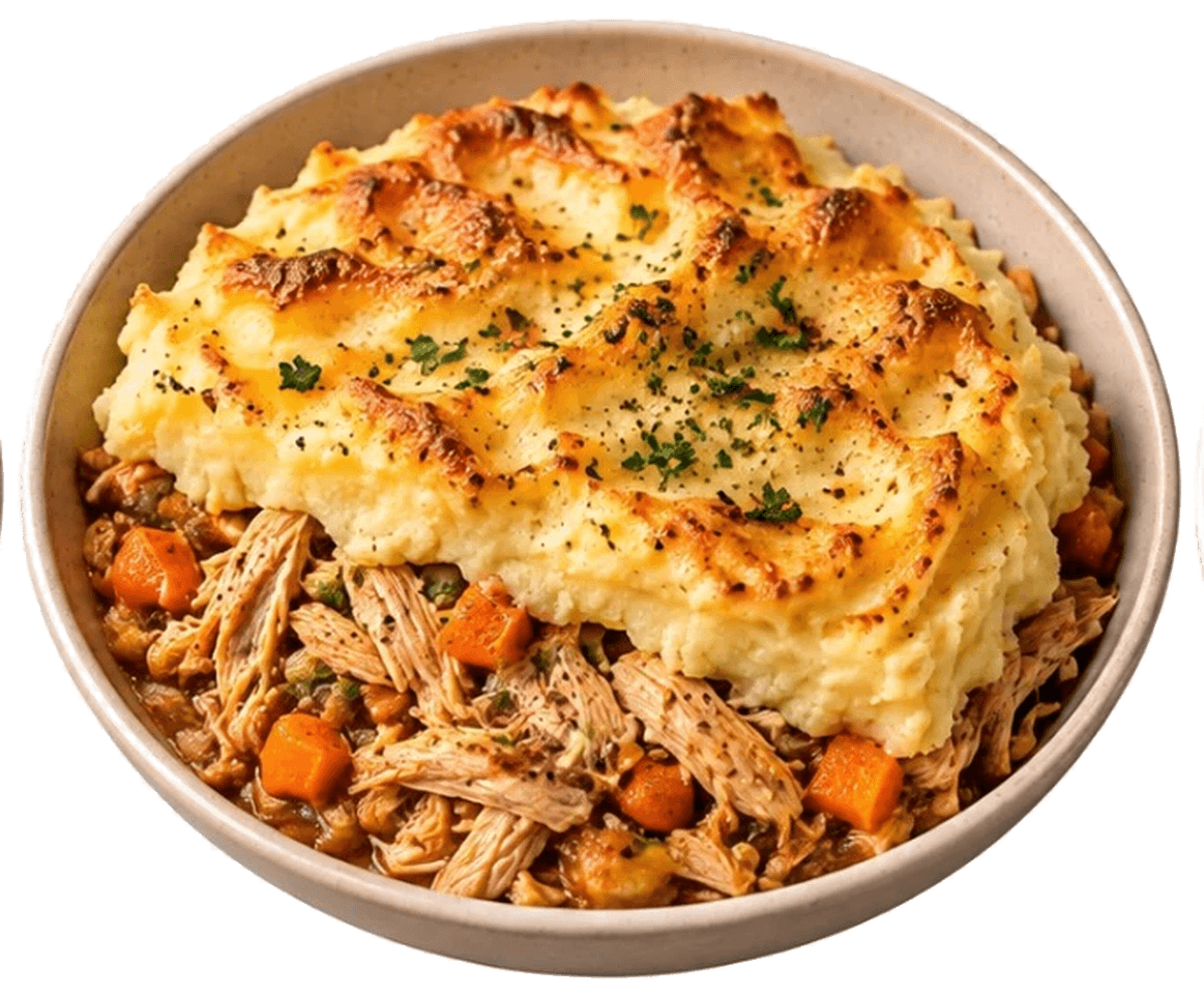 Effiloché de volaille, façon Parmentier, pommes de terre & carottes